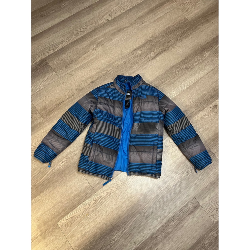 The North Face Boys Blue Striped Insulated Puffer Jacket Size L 14/16